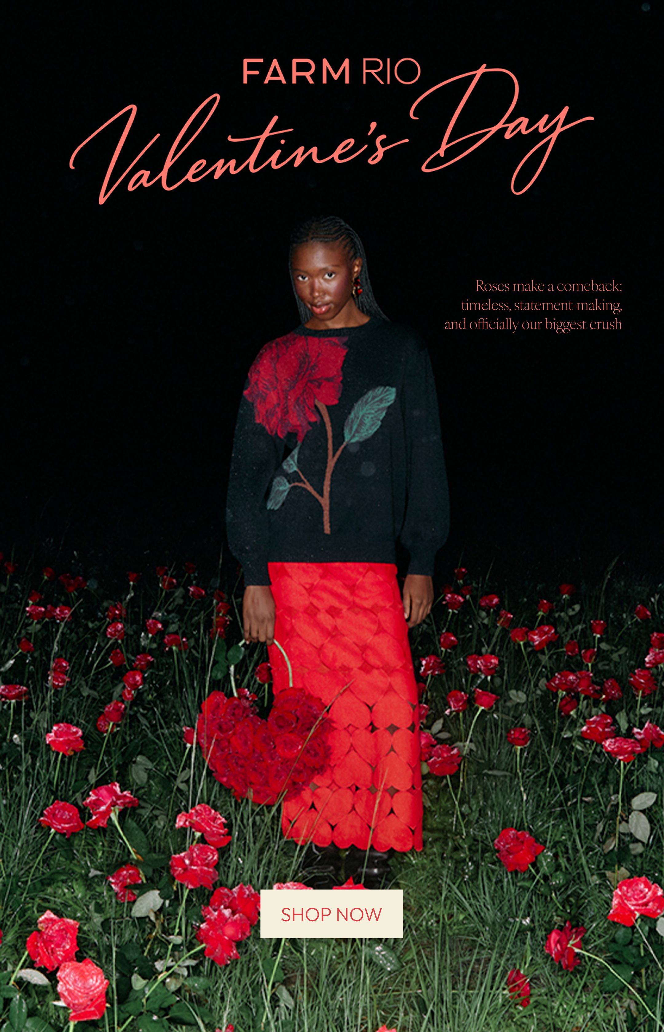 Woman in a black sweater with red floral design and red skirt standing in a field of red flowers, with 'Farm Rio Valentine's Day' text above.